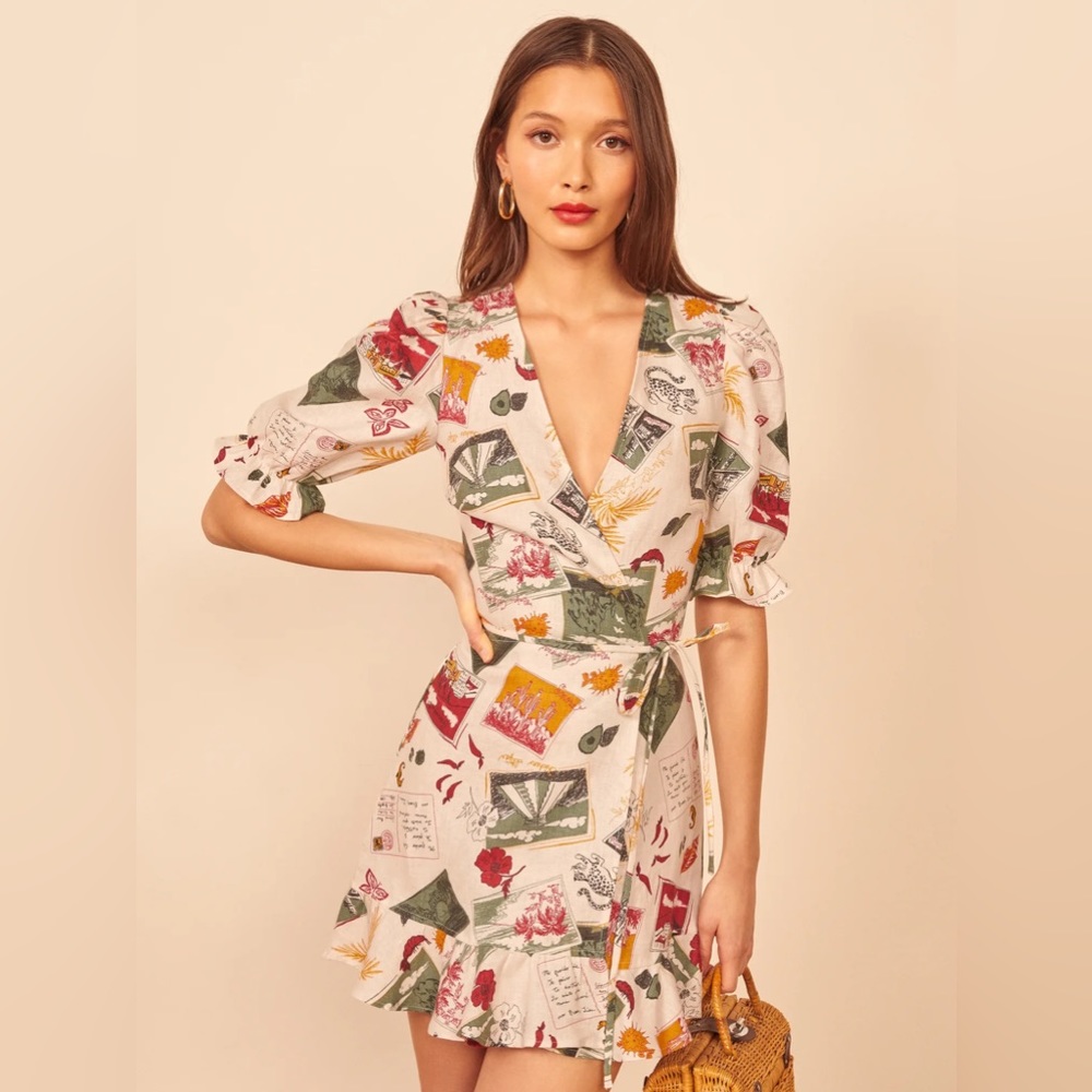 Reformation Carmelo Linen Wrap Dress in Vacaciones